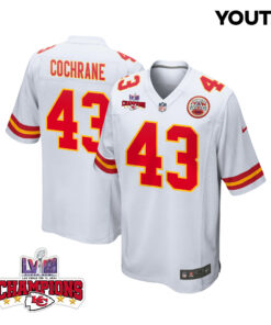 Jack Cochrane 43 Kansas City Chiefs Super Bowl LVIII Champions 4 Stars Patch Game YOUTH Jersey - White JS4507 nicesnker