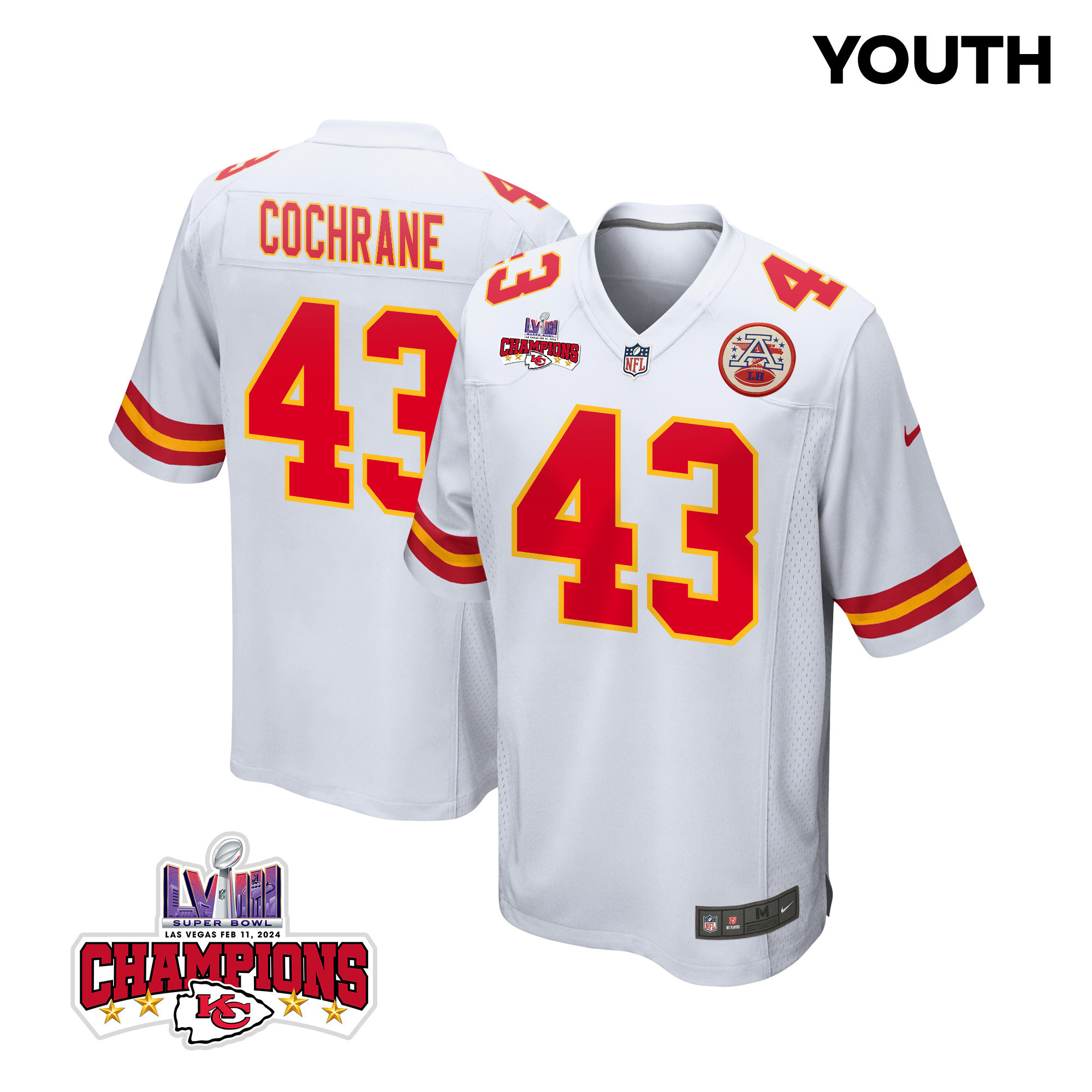 Jack Cochrane 43 Kansas City Chiefs Super Bowl LVIII Champions 4 Stars Patch Game YOUTH Jersey - White JS4507 nicesnker
