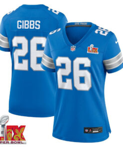 Jahmyr Gibbs #26 Detroit Lions Super Bowl LIX Women's Jersey - Blue JS6344 nicesnker