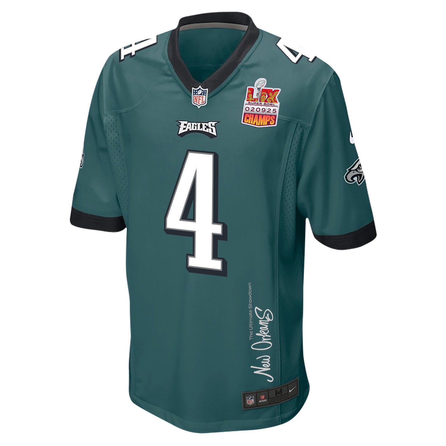 Jake Elliott 4 Philadelphia Eagles Super Bowl LIX Champions Patch 'New Orleans - The Ultimate Showdown' EMBROIDERED Game Men Jersey - Midnight Green JS9317 nicesnker - Image 3