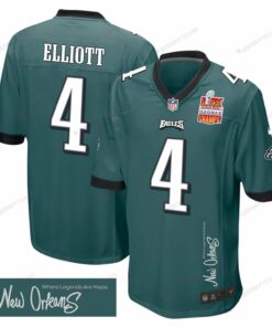 Jake Elliott 4 Philadelphia Eagles Super Bowl LIX Champions Patch 'New Orleans - Where Legends Are Made' EMBROIDERED Game Men Jersey - Midnight Green JS7503 nicesnker