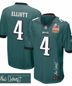 Jake Elliott 4 Philadelphia Eagles Super Bowl LIX Champions Patch 'New Orleans - Where Passion Ignites' EMBROIDERED Game Men Jersey - Midnight Green JS2120 nicesnker