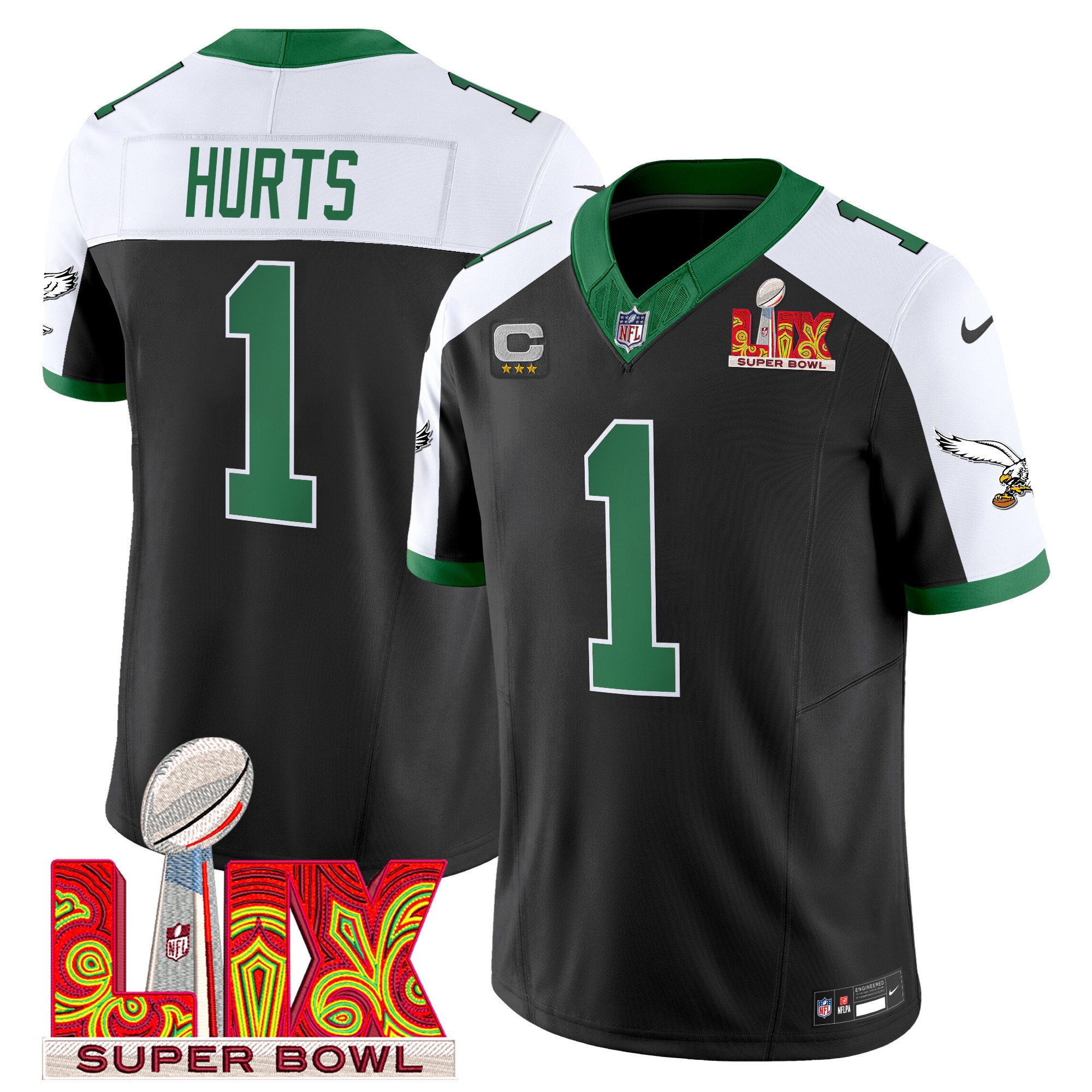 Jalen Hurts 1 Philadelphia Eagles Kelly Green Super Bowl Champions LIX Patch Vapor Limited Jersey - Black Alternate JS5850 nicesnker