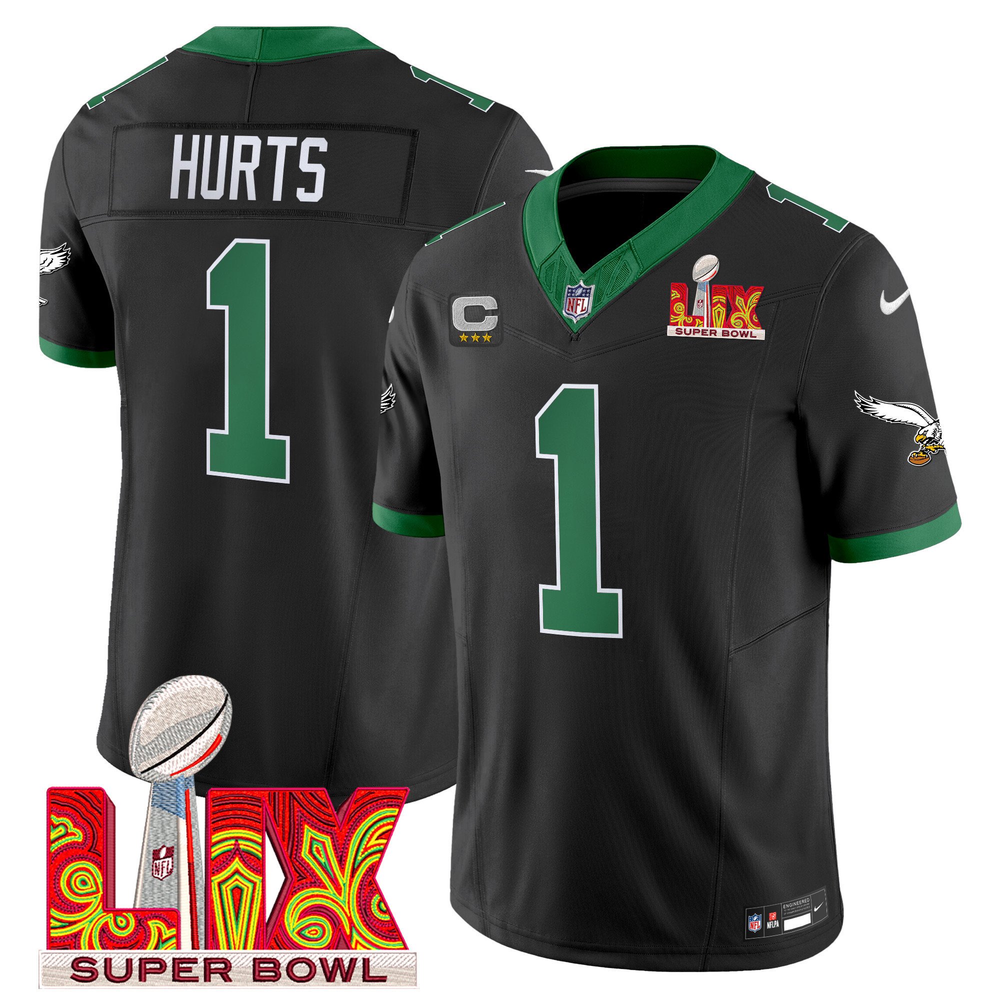 Jalen Hurts 1 Philadelphia Eagles Kelly Green Super Bowl Champions LIX Patch Vapor Limited Jersey - Black JS1963 nicesnker