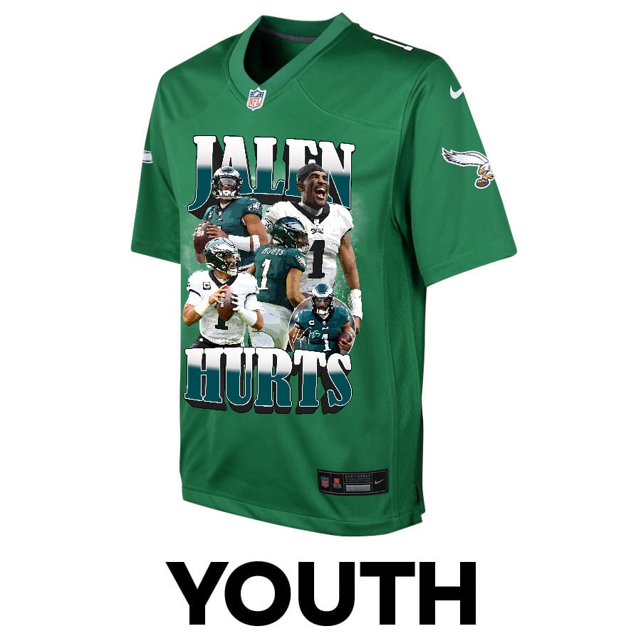 Jalen Hurts 1 Philadelphia Eagles Legacy YOUTH Jersey - Kelly Green JS4415 nicesnker - Image 2