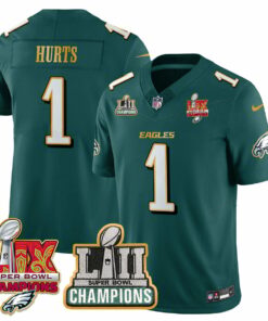 Jalen Hurts 1 Philadelphia Eagles LII-LIX Super Bowl Champions Vapor Limited Gold Jersey - Midnight Green JS4140 nicesnker