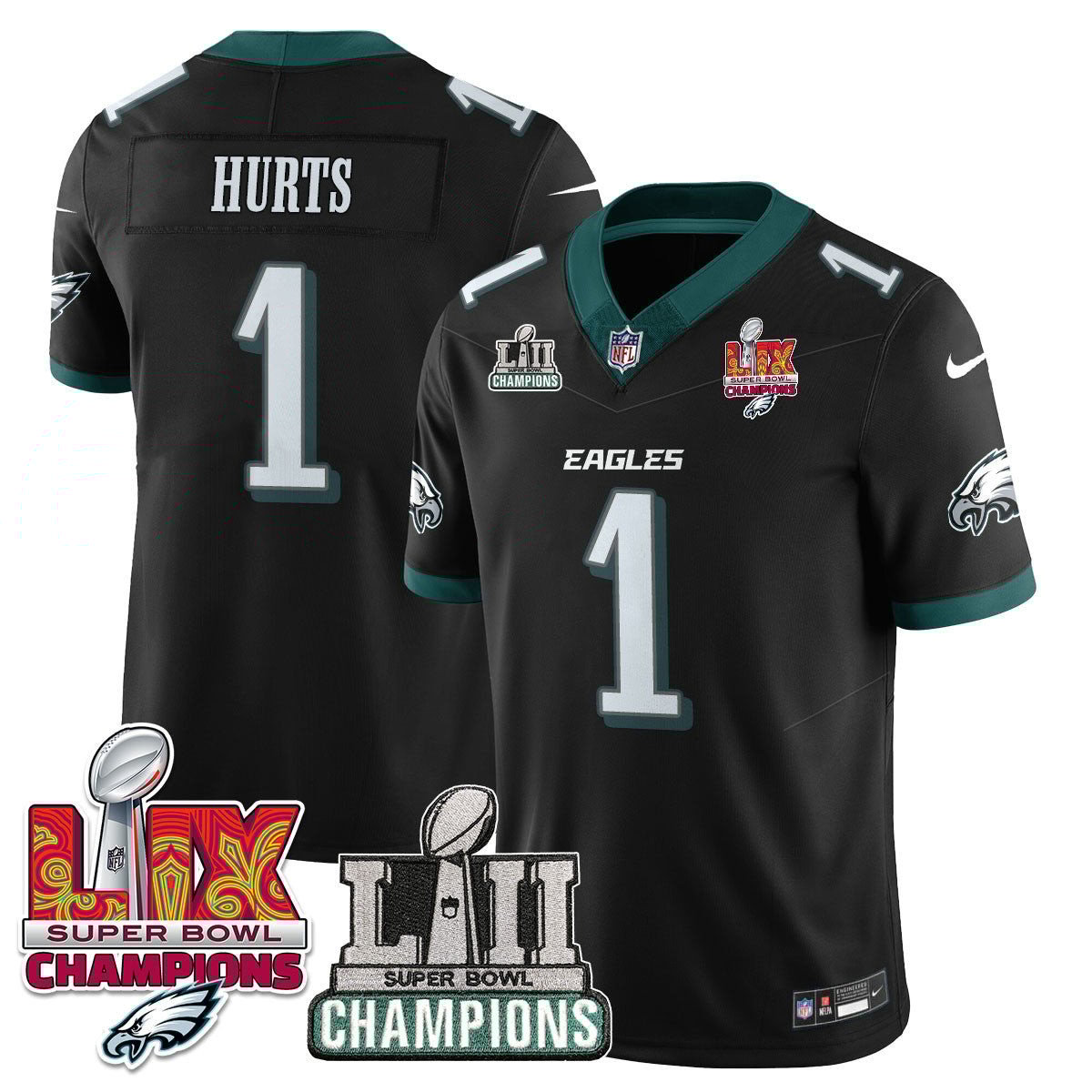Jalen Hurts 1 Philadelphia Eagles LII-LIX Super Bowl Champions Vapor Limited Jersey - Black JS2270 nicesnker