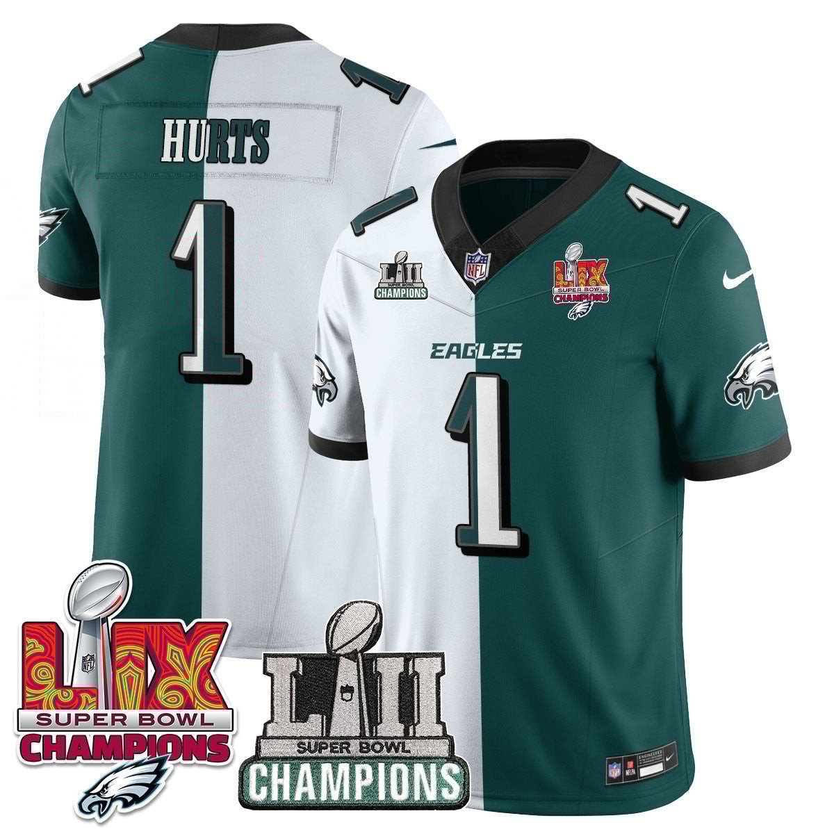 Jalen Hurts 1 Philadelphia Eagles LII-LIX Super Bowl Champions Vapor Limited Jersey - Split JS1347 nicesnker