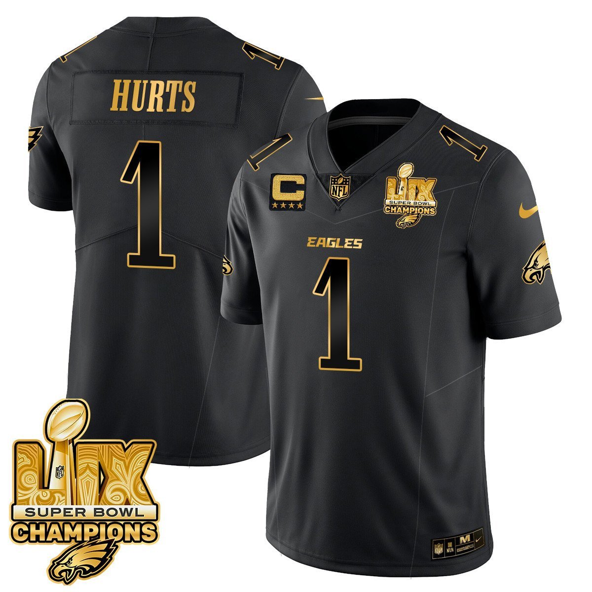 Jalen Hurts 1 Philadelphia Eagles Super Bowl LIX Champions Gold Vapor Limited Jersey - Black Gold JS1428 nicesnker