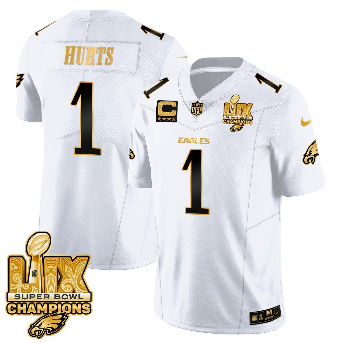 Jalen Hurts 1 Philadelphia Eagles Super Bowl LIX Champions Gold Vapor Limited Jersey - White Gold JS2866 nicesnker