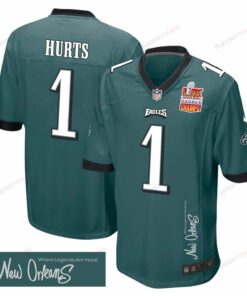 Jalen Hurts 1 Philadelphia Eagles Super Bowl LIX Champions Patch 'New Orleans - Where Legends Are Made' EMBROIDERED Game Men Jersey - Midnight Green JS1437 nicesnker