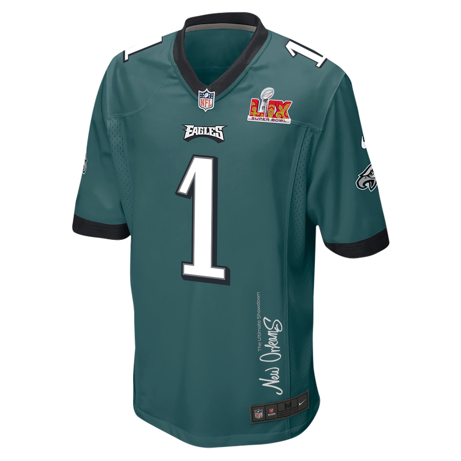 Jalen Hurts 1 Philadelphia Eagles Super Bowl LIX 'New Orleans - The Ultimate Showdown' EMBROIDERED Game Men Jersey - Midnight Green JS5567 nicesnker - Image 3
