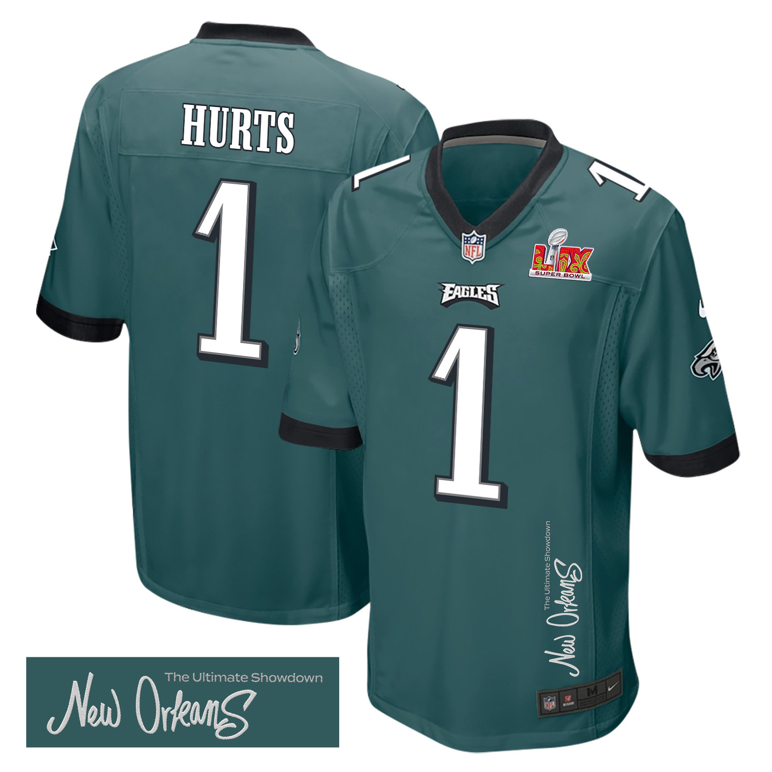 Jalen Hurts 1 Philadelphia Eagles Super Bowl LIX 'New Orleans - The Ultimate Showdown' EMBROIDERED Game Men Jersey - Midnight Green JS5567 nicesnker