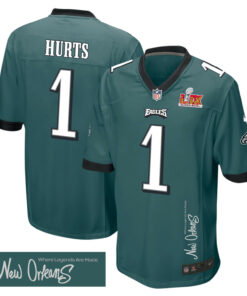 Jalen Hurts 1 Philadelphia Eagles Super Bowl LIX 'New Orleans - Where Legends Are Made' EMBROIDERED Game Men Jersey - Midnight Green JS7792 nicesnker