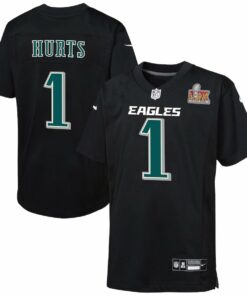 Jalen Hurts 1 Philadelphia Eagles Youth Super Bowl LIX Patch Fashion Game Player Jersey - Carbon Black JS2068 nicesnker