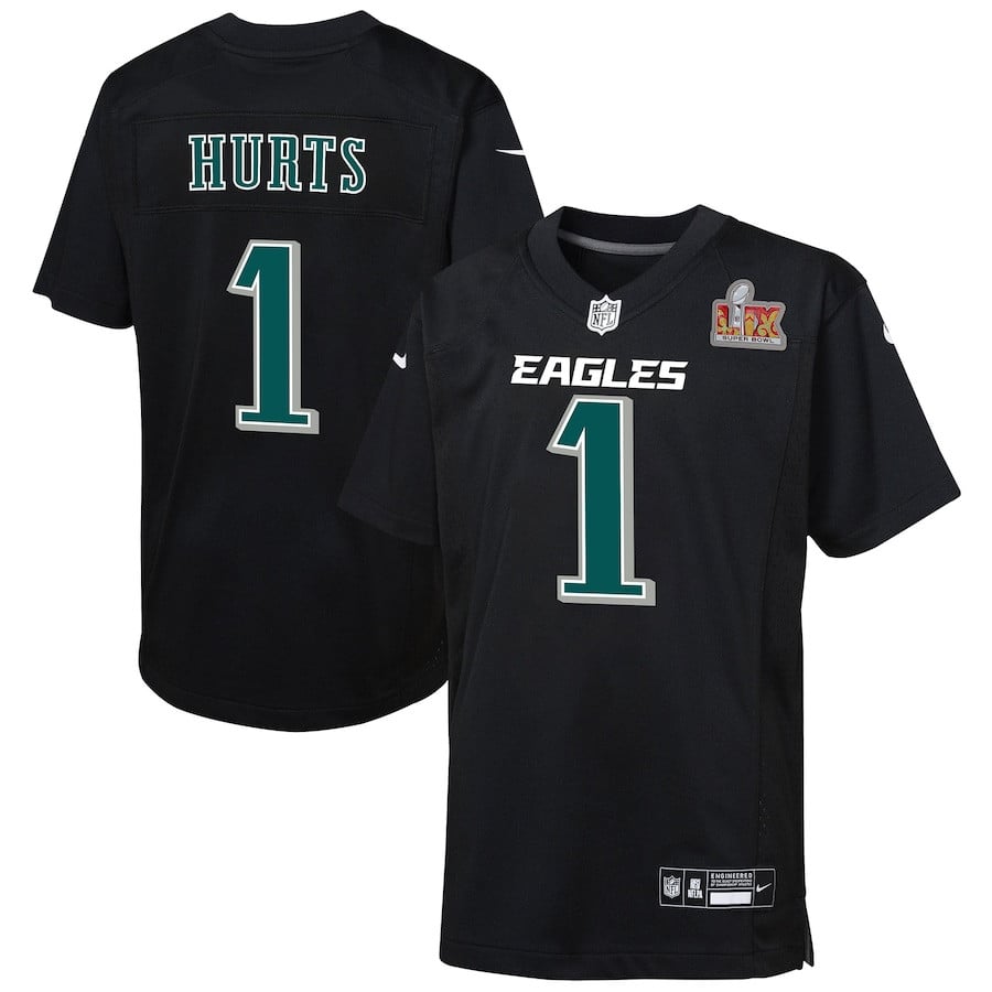 Jalen Hurts 1 Philadelphia Eagles Youth Super Bowl LIX Patch Fashion Game Player Jersey - Carbon Black JS2068 nicesnker