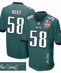 Jalyx Hunt 58 Philadelphia Eagles Super Bowl LIX Champions Patch 'New Orleans - Where Passion Ignites' EMBROIDERED Game Men Jersey - Midnight Green JS7858 nicesnker