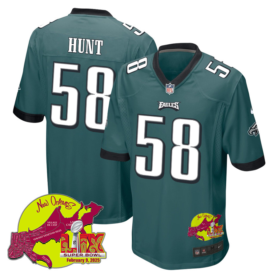 Jalyx Hunt 58 Philadelphia Eagles Super Bowl LIX New Orleans Patch Game Men Jersey - Midnight Green JS7596 nicesnker