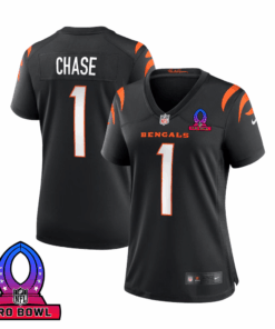 Ja'Marr Chase 1 Cincinnati Bengals 2025 Pro Bowl Patch Women Game Jersey - Black JS2512 nicesnker