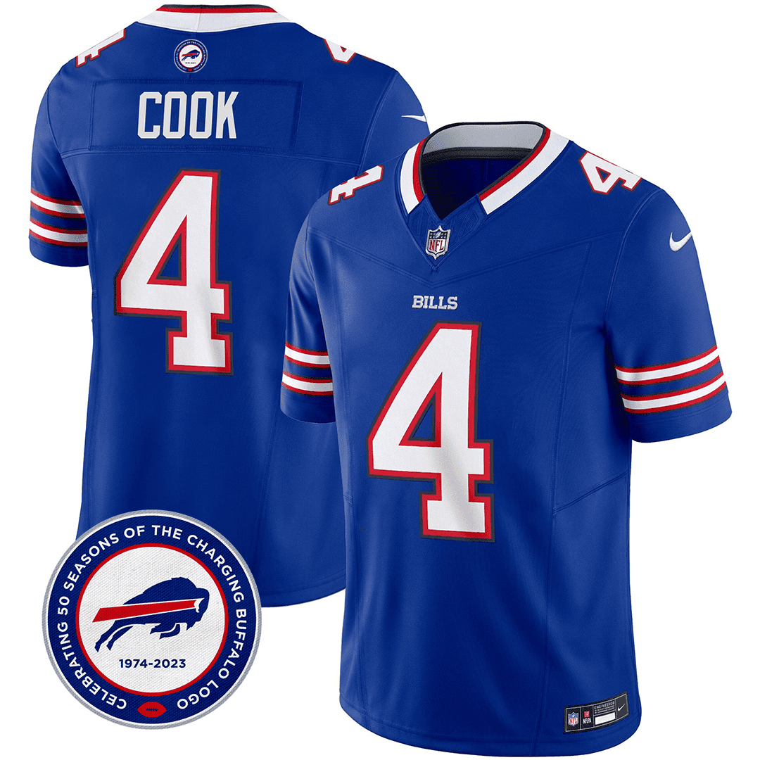 James Cook 4 Buffalo Bills 50th Charging Logo Patch Game Men Jersey - Royal JS9975 nicesnker