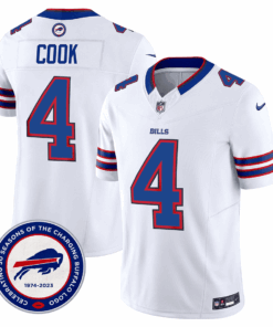 James Cook 4 Buffalo Bills 50th Charging Logo Patch Game Men Jersey - White JS7048 nicesnker