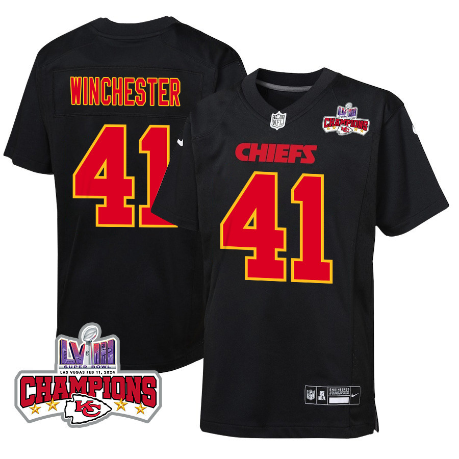 James Winchester 41 Kansas City Chiefs Super Bowl LVIII Champions 4 Stars Patch Fashion Game YOUTH Jersey - Carbon Black JS7103 nicesnker