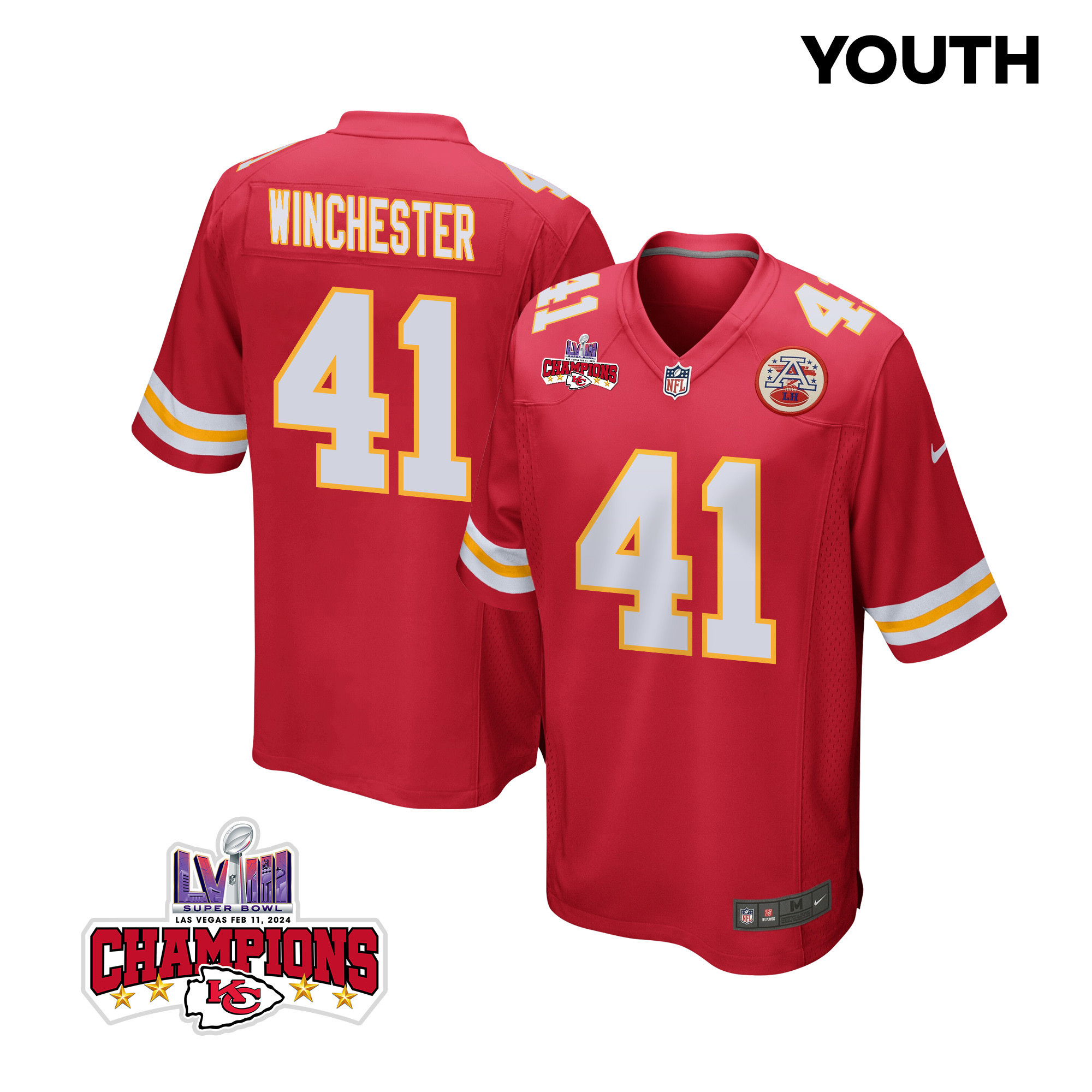 James Winchester 41 Kansas City Chiefs Super Bowl LVIII Champions 4 Stars Patch Game YOUTH Jersey - Red JS5326 nicesnker