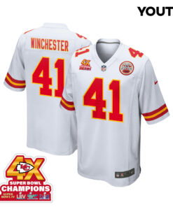 James Winchester 41 Kansas City Chiefs Super Bowl LVIII Champions 4X Game YOUTH Jersey - White JS3755 nicesnker