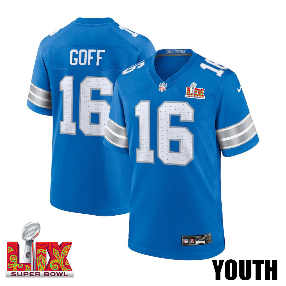 Jared Goff #16 Detroit Lions Super Bowl LIX YOUTH Jersey - Blue JS7506 nicesnker