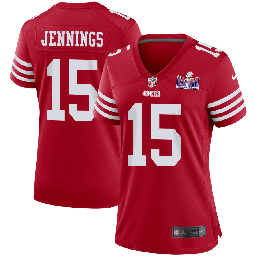 Jauan Jennings 15 San Francisco 49ers Super Bowl LVIII Patch Game Women Jersey - Scarlet JS1814 nicesnker