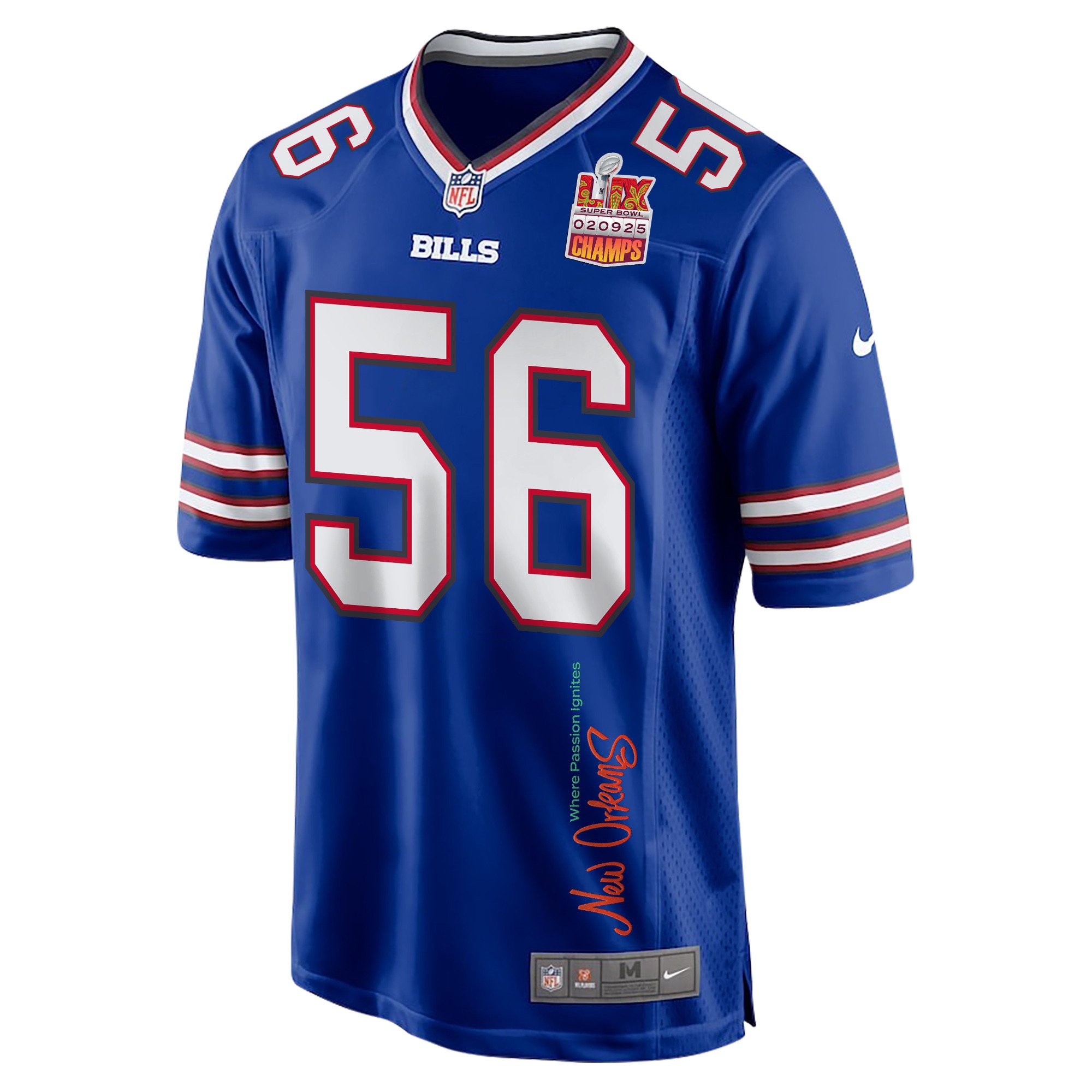 Javon Solomon 56 Buffalo Bills Super Bowl LIX Champions Patch 'New Orleans - Where Passion Ignites' EMBROIDERED Game Men Jersey - Royal JS9010 nicesnker - Image 3