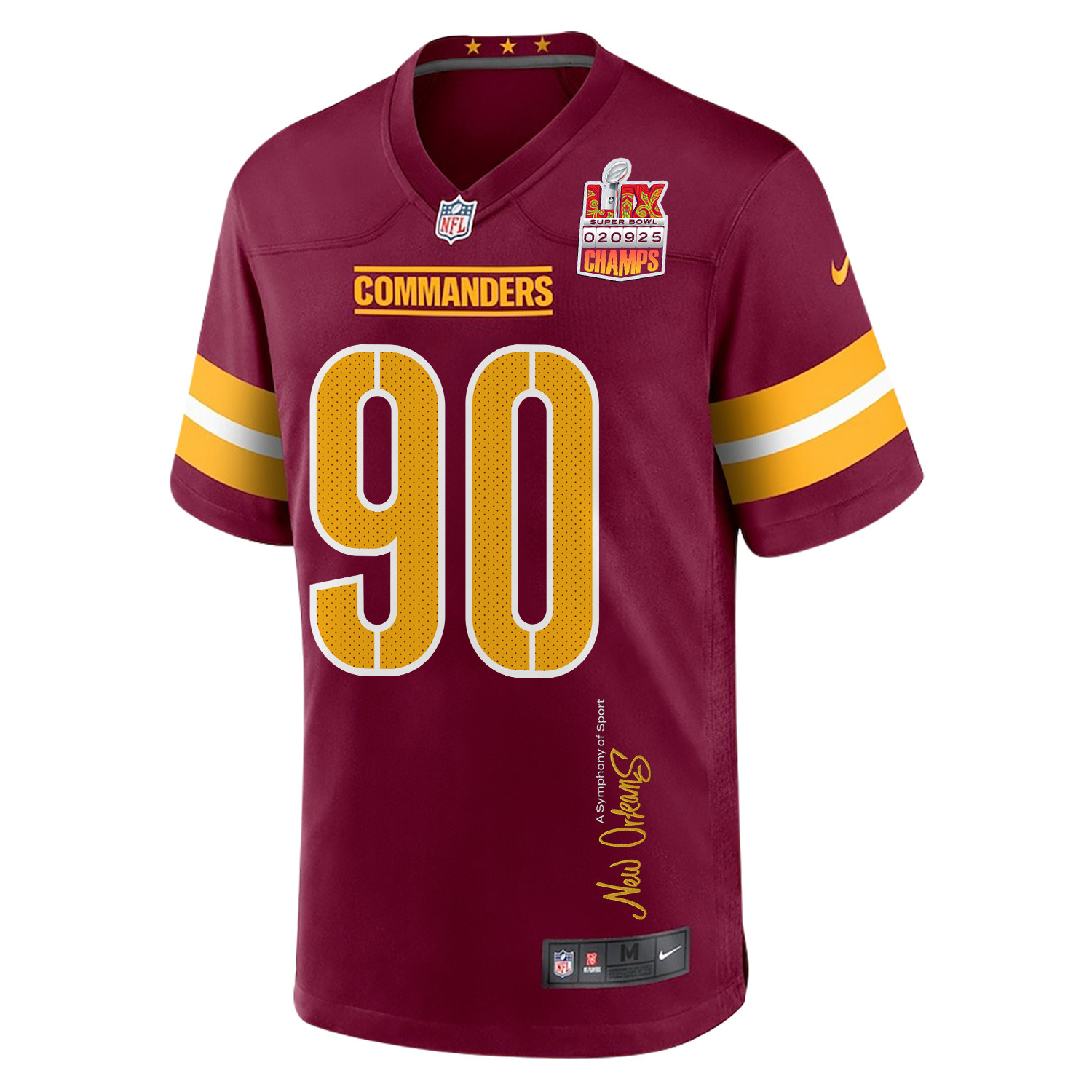 Javontae Jean-Baptiste 90 Washington Commanders Super Bowl LIX Champions Patch 'New Orleans - A Symphony of Sport' EMBROIDERED Game Men Jersey - Burgundy JS3036 nicesnker - Image 3