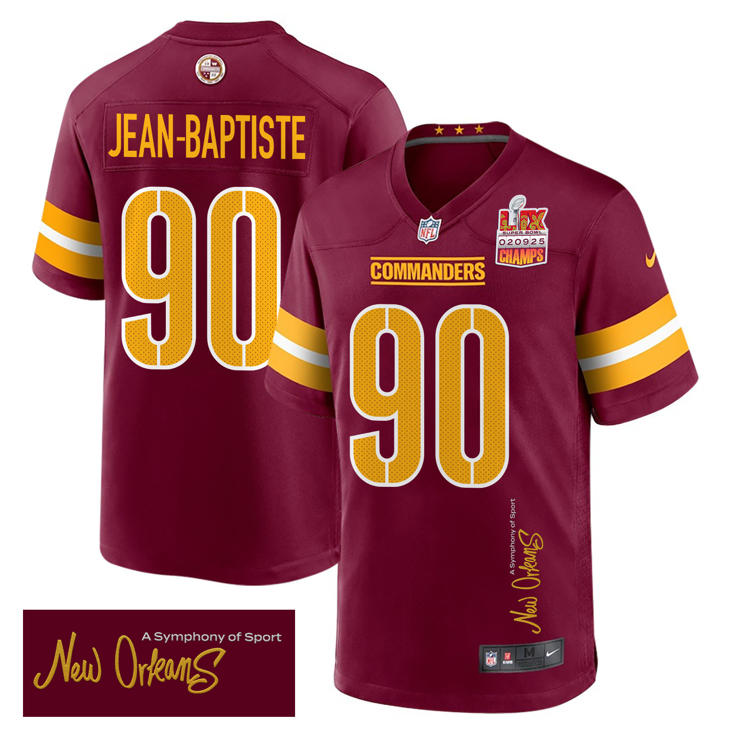 Javontae Jean-Baptiste 90 Washington Commanders Super Bowl LIX Champions Patch 'New Orleans - A Symphony of Sport' EMBROIDERED Game Men Jersey - Burgundy JS3036 nicesnker