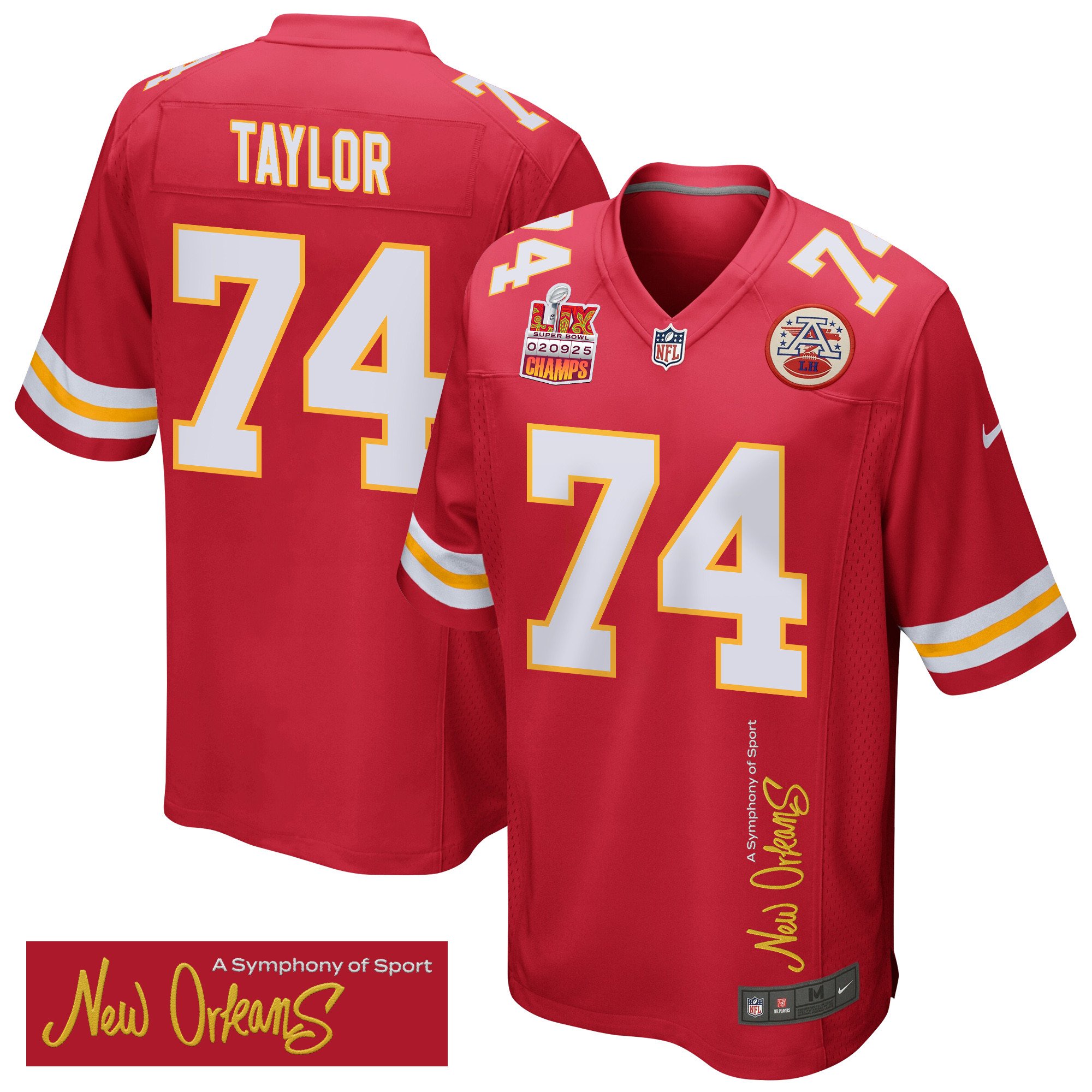 Jawaan Taylor 74 Kansas City Chiefs Super Bowl LIX Champions Patch 'New Orleans - A Symphony of Sport' EMBROIDERED Game Men Jersey - Red JS5491 nicesnker