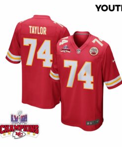 Jawaan Taylor 74 Kansas City Chiefs Super Bowl LVIII Champions 4 Stars Patch Game YOUTH Jersey - Red JS5258 nicesnker