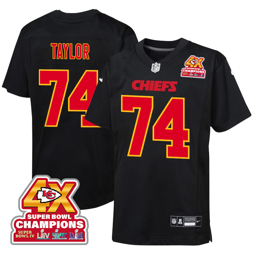 Jawaan Taylor 74 Kansas City Chiefs Super Bowl LVIII Champions 4X Fashion Game YOUTH Jersey - Carbon Black JS6965 nicesnker