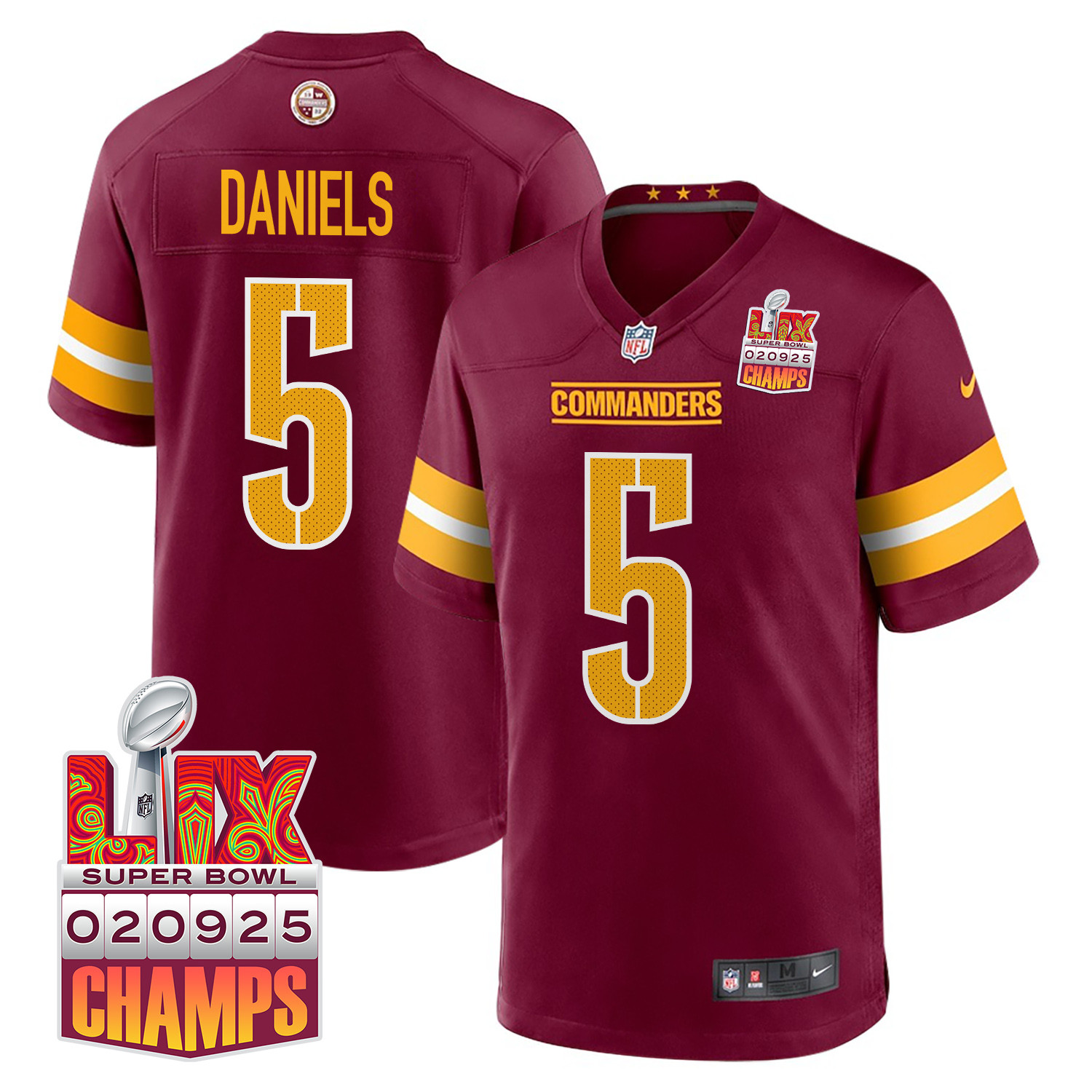 Jayden Daniels 5 Washington Commanders Super Bowl LIX Champions Patch Game Men Jersey - Burgundy JS2540 nicesnker