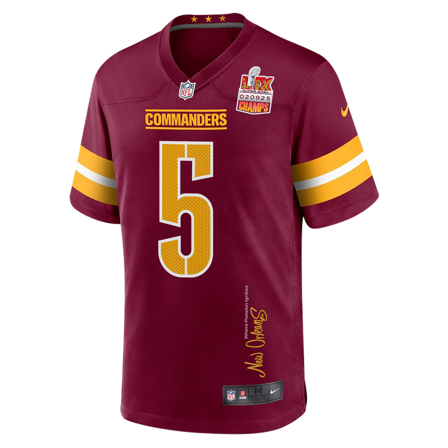 Jayden Daniels 5 Washington Commanders Super Bowl LIX Champions Patch 'New Orleans - Where Passion Ignites' EMBROIDERED Game Men Jersey - Burgundy JS3109 nicesnker - Image 3