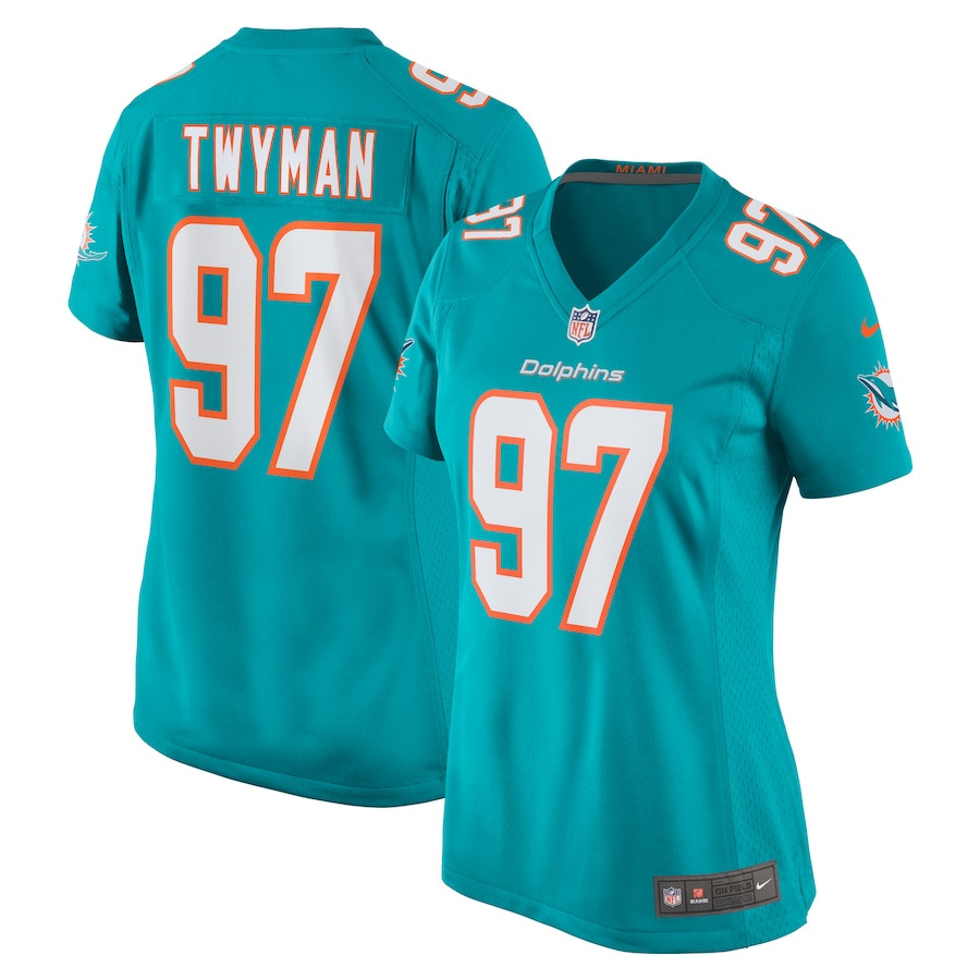 Jaylen Twyman 97 Miami Dolphins Women Home Game Jersey - Aqua JS2461 nicesnker