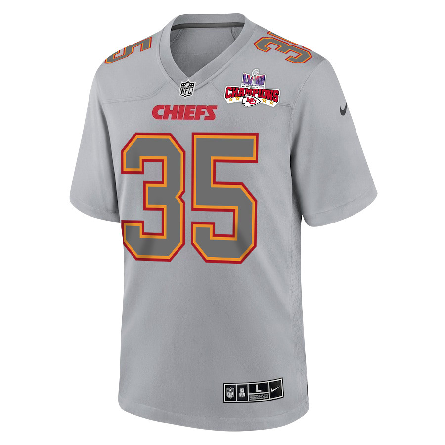 Jaylen Watson 35 Kansas City Chiefs Super Bowl LVIII Champions 4 Stars Patch Atmosphere Fashion Game Men Jersey - Gray JS7659 nicesnker - Image 2