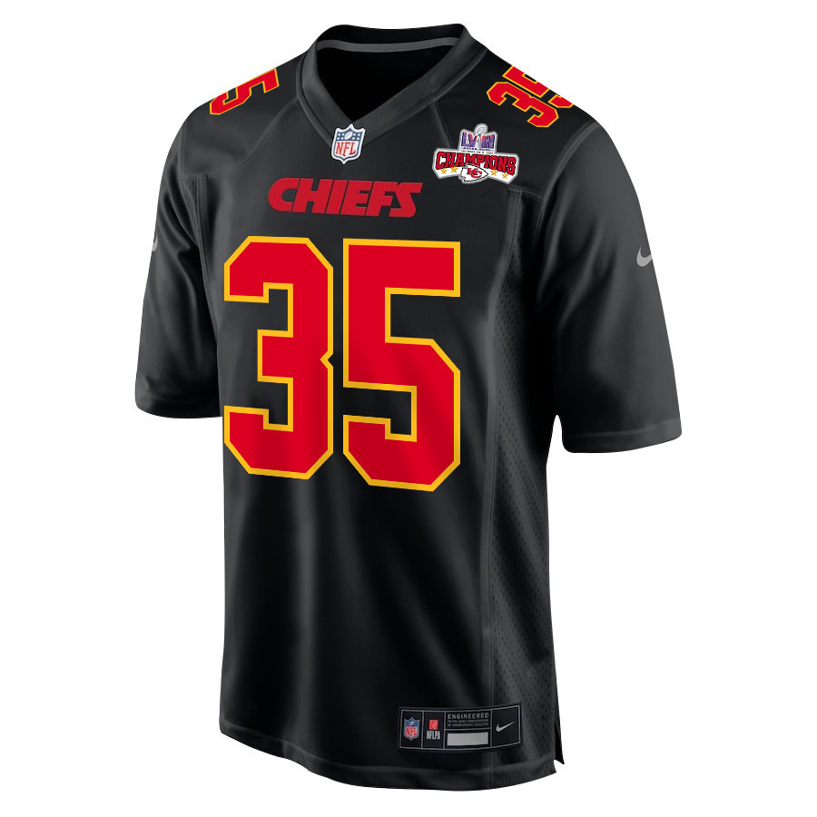 Jaylen Watson 35 Kansas City Chiefs Super Bowl LVIII Champions 4 Stars Patch Fashion Game Men Jersey - Carbon Black JS9444 nicesnker - Image 2