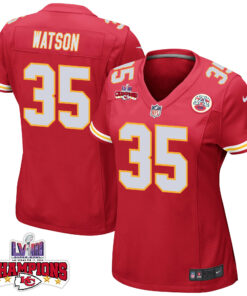 Jaylen Watson 35 Kansas City Chiefs Super Bowl LVIII Champions 4 Stars Patch Game Women Jersey - Red JS5523 nicesnker