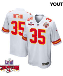 Jaylen Watson 35 Kansas City Chiefs Super Bowl LVIII Champions 4 Stars Patch Game YOUTH Jersey - White JS5844 nicesnker