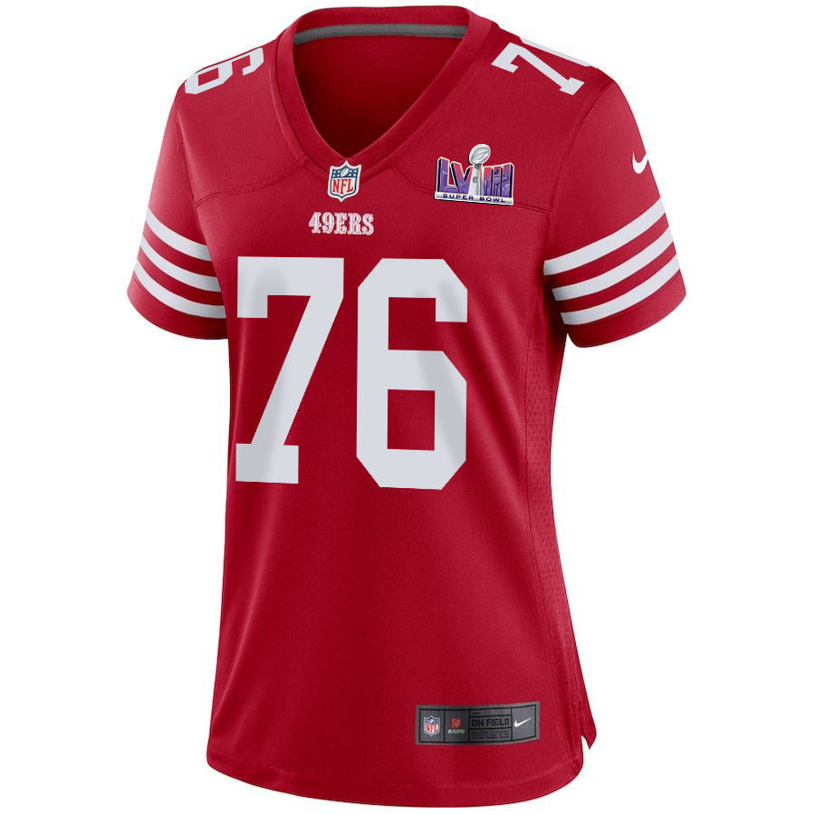 Jaylon Moore 76 San Francisco 49ers Super Bowl LVIII Patch Game Women Jersey - Scarlet JS2918 nicesnker - Image 2