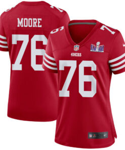 Jaylon Moore 76 San Francisco 49ers Super Bowl LVIII Patch Game Women Jersey - Scarlet JS2918 nicesnker