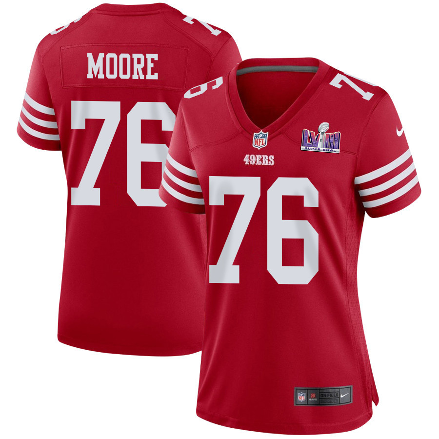 Jaylon Moore 76 San Francisco 49ers Super Bowl LVIII Patch Game Women Jersey - Scarlet JS2918 nicesnker