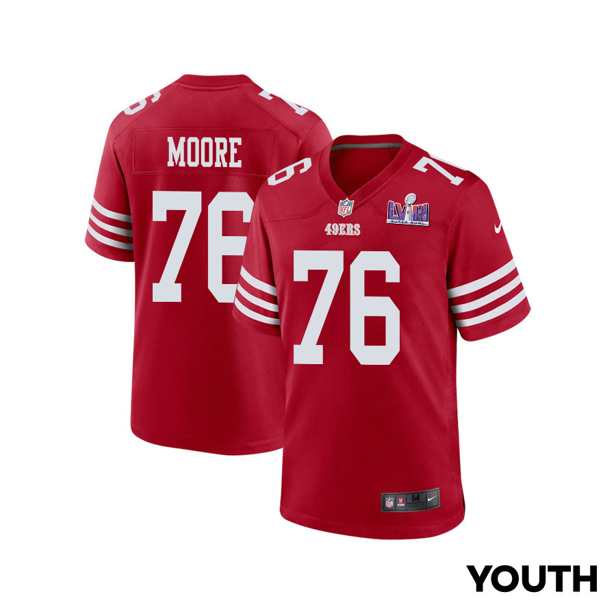 Jaylon Moore 76 San Francisco 49ers Super Bowl LVIII Patch Game YOUTH Jersey - Scarlet JS9244 nicesnker