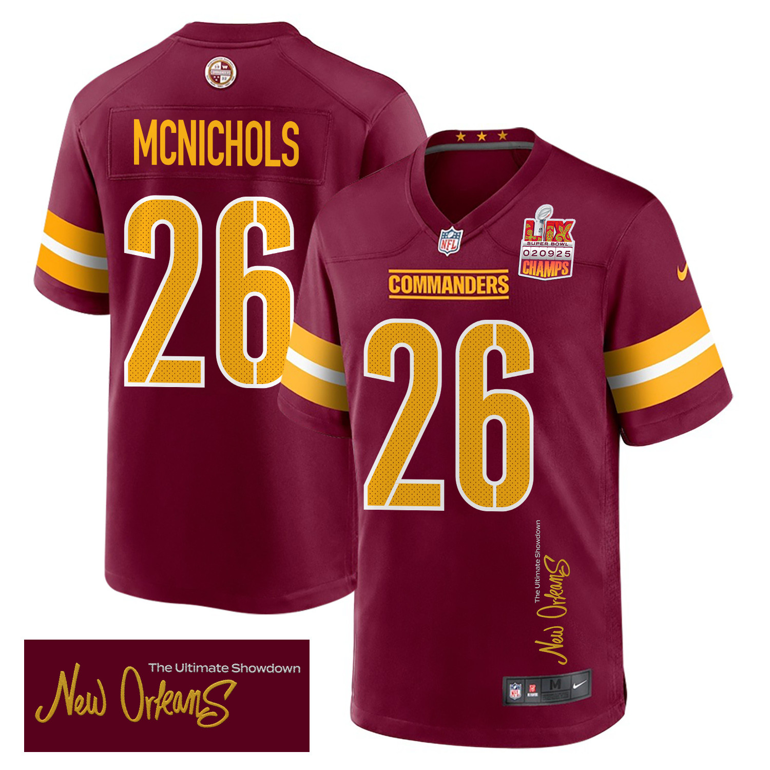 Jeremy McNichols 26 Washington Commanders Super Bowl LIX Champions Patch 'New Orleans - The Ultimate Showdown' EMBROIDERED Game Men Jersey - Burgundy JS3274 nicesnker