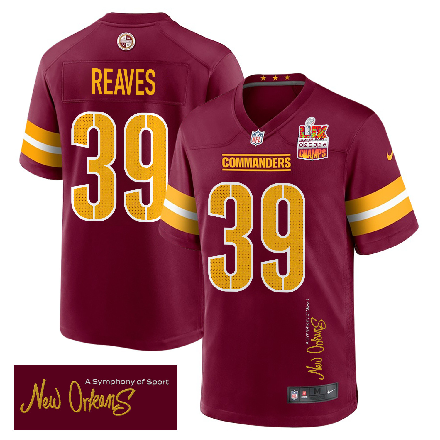 Jeremy Reaves 39 Washington Commanders Super Bowl LIX Champions Patch 'New Orleans - A Symphony of Sport' EMBROIDERED Game Men Jersey - Burgundy JS8889 nicesnker