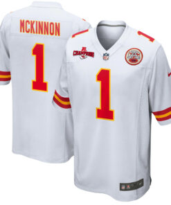 Jerick McKinnon 1 Kansas City Chiefs AFC Champions Patch Game Men Jersey - White JS4308 nicesnker